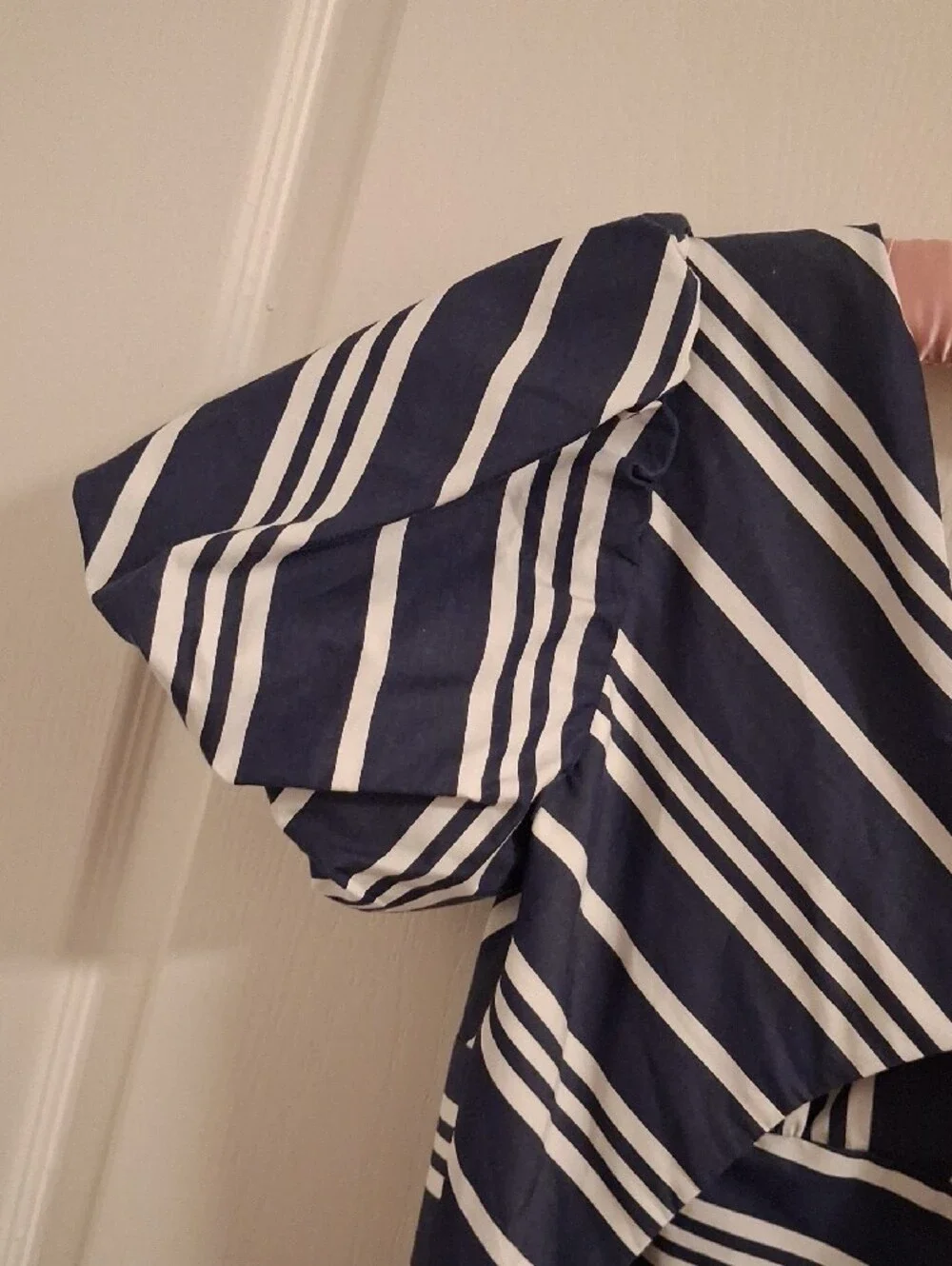 kate spade Navy and White Striped V‑Neck Midi Dress with Puff Sleeves